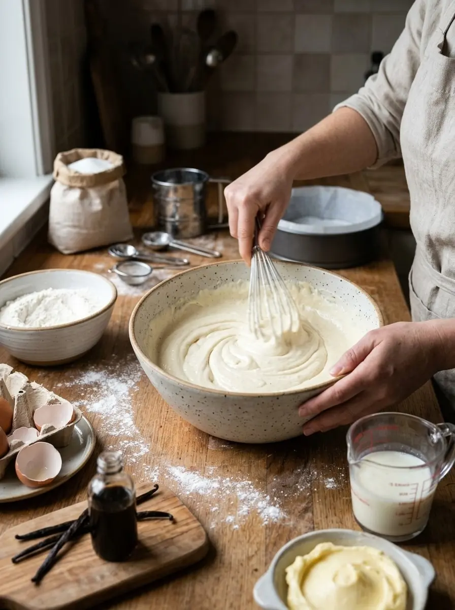 Vanilla Velvet Cake 5 Whisking smooth vanilla velvet cake batter in a large speckled bowl with vanilla beans nearby
